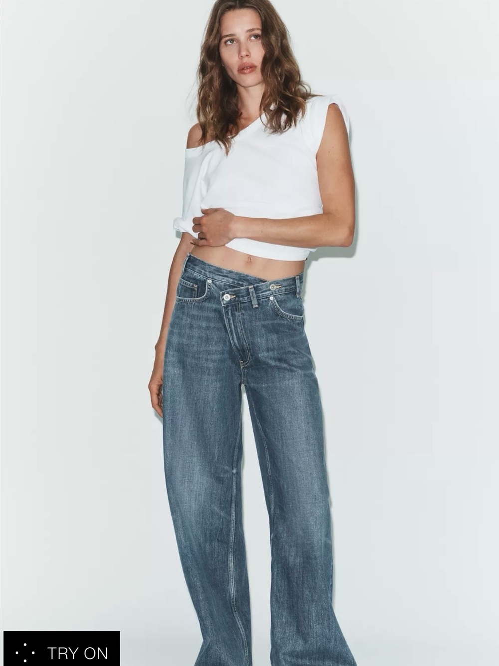 ZARA TRF High rise wide leg crossover waistband jeans, 4365/232/485